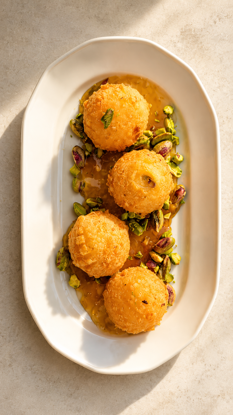 Golden cheese croquettes with apricot jam and Aegina pistachios.