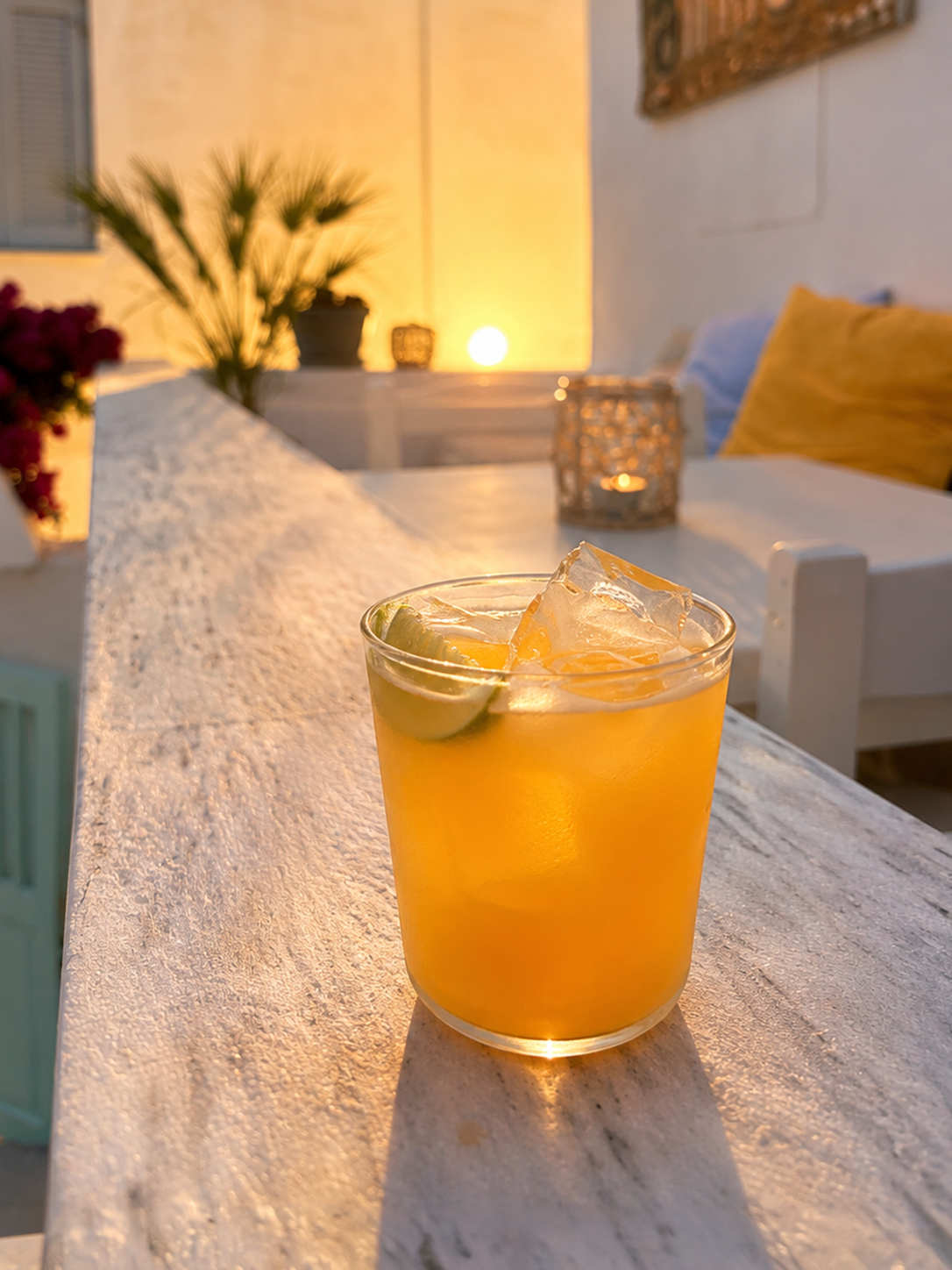 A golden cocktail glass catching the last light of the Aegean sunset.