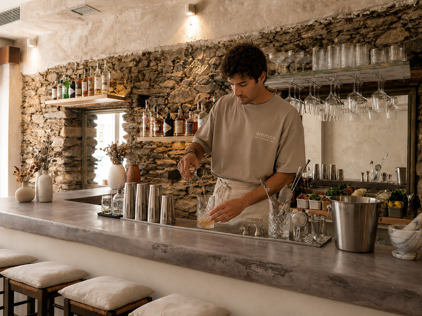 The AMMOS bartender mixing a drink at the stone bar.