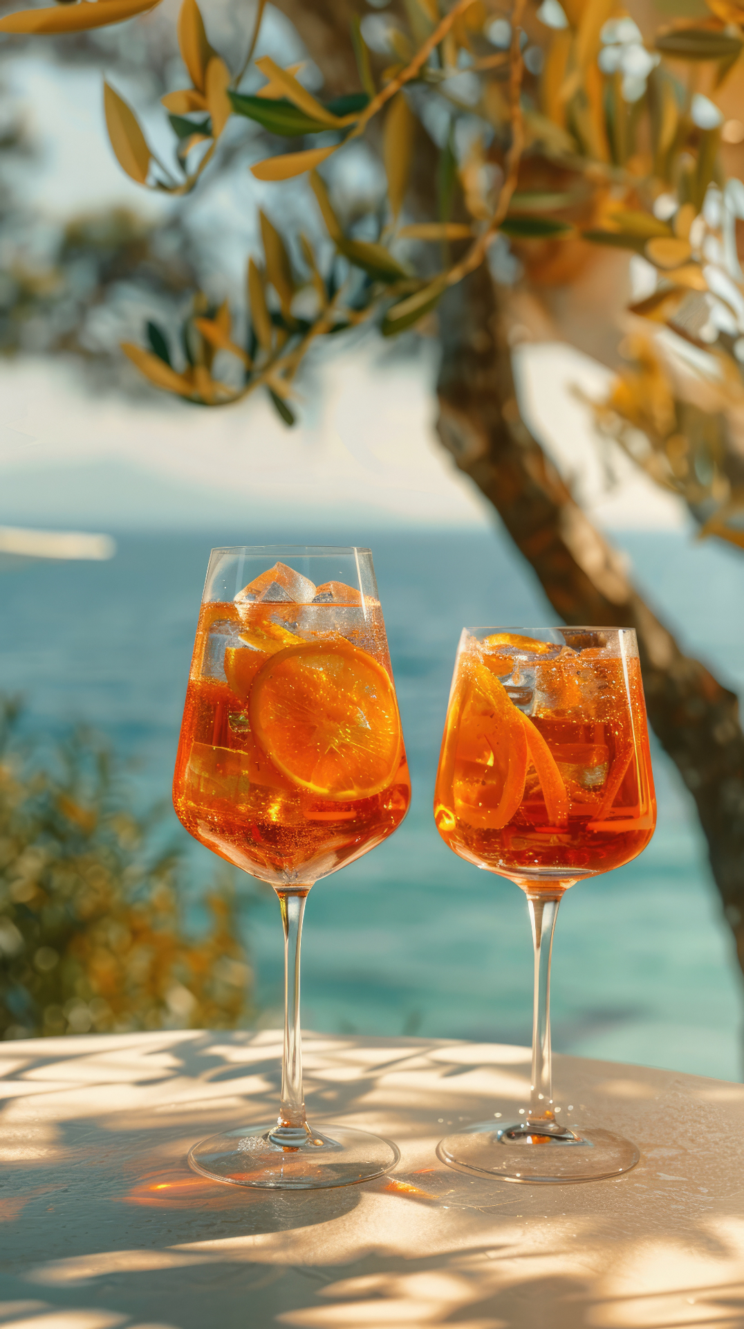 Aperol spritzes under an olive tree.