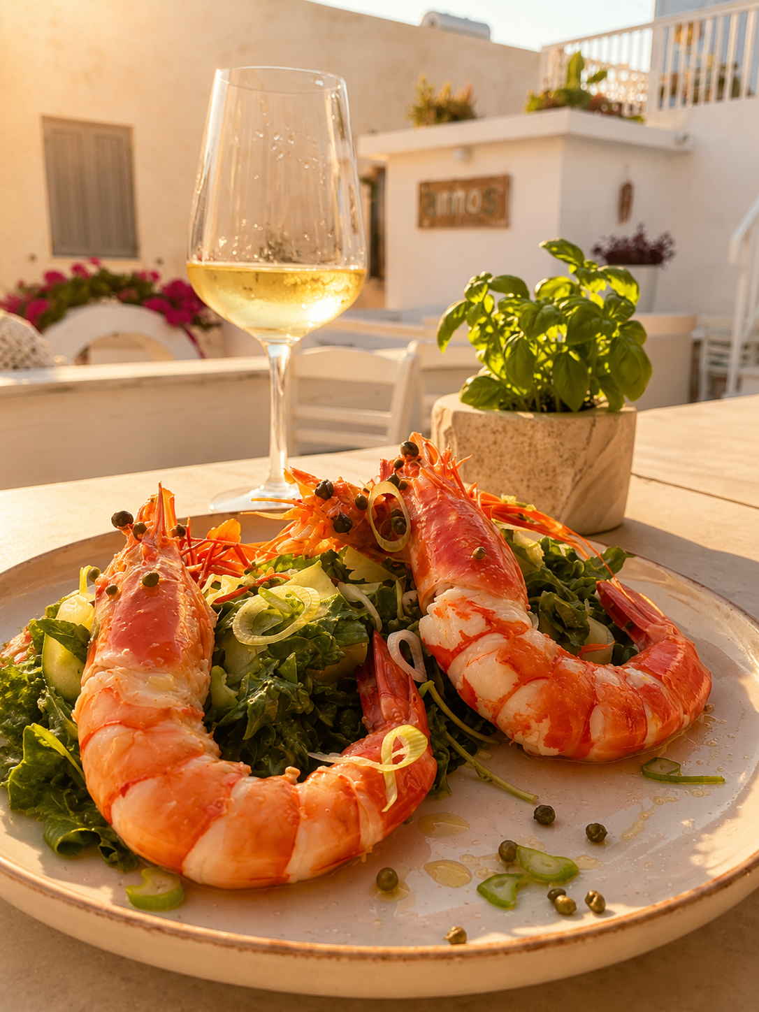 Grilled prawns with rocket, melon and spring onion at golden hour.