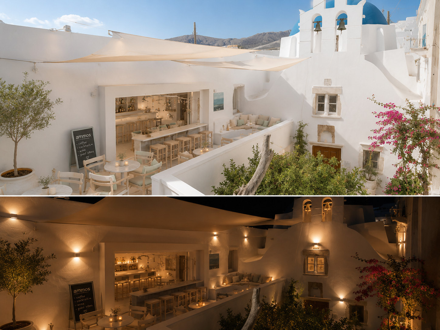 The AMMOS courtyard on Ios — bar terrace, olive tree, blue dome chapel and bougainvillea, shown by day and at night.