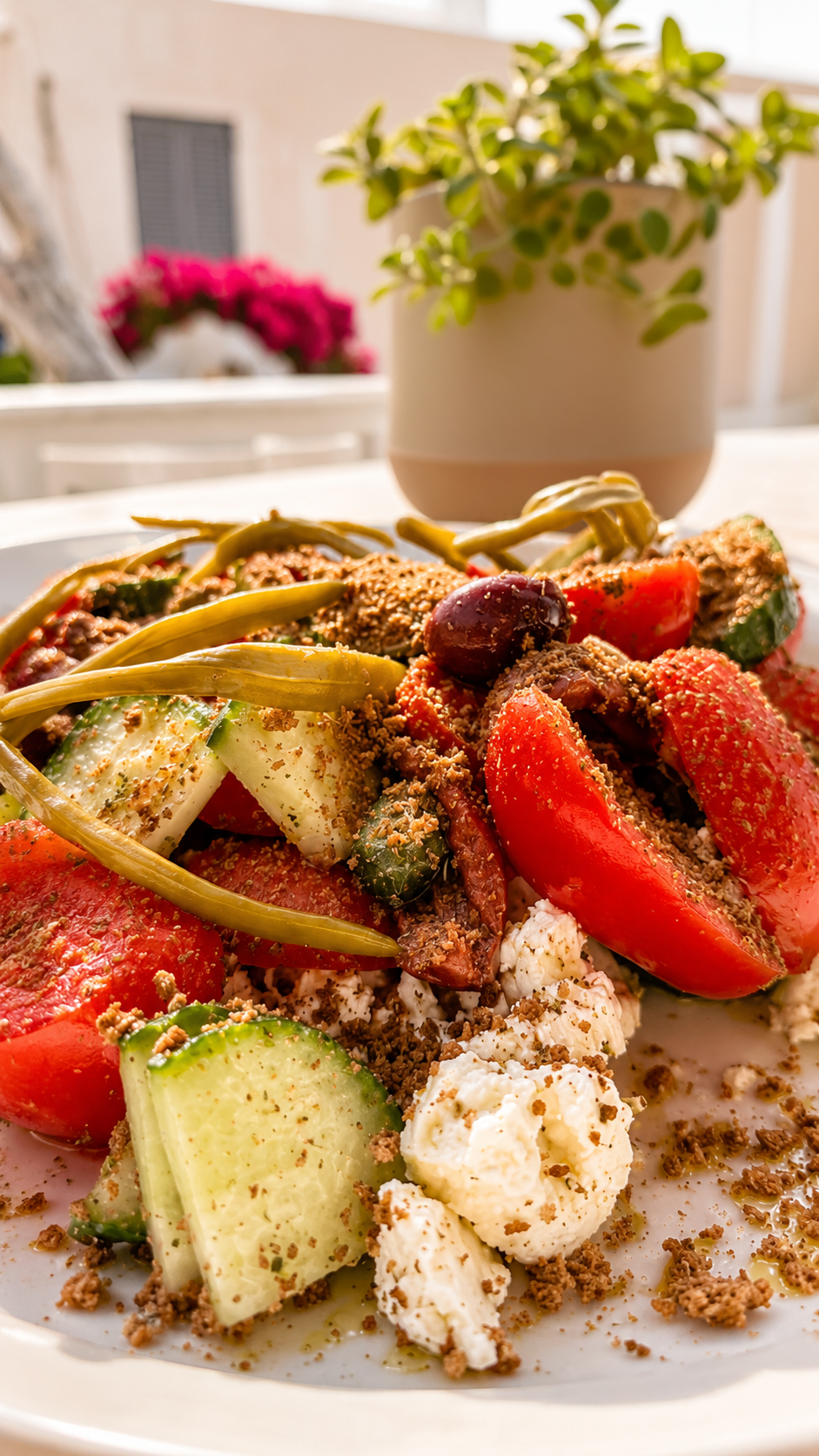 Niotiki salad with tomatoes, cucumber, olives, capers and Ios Skotyri cheese.